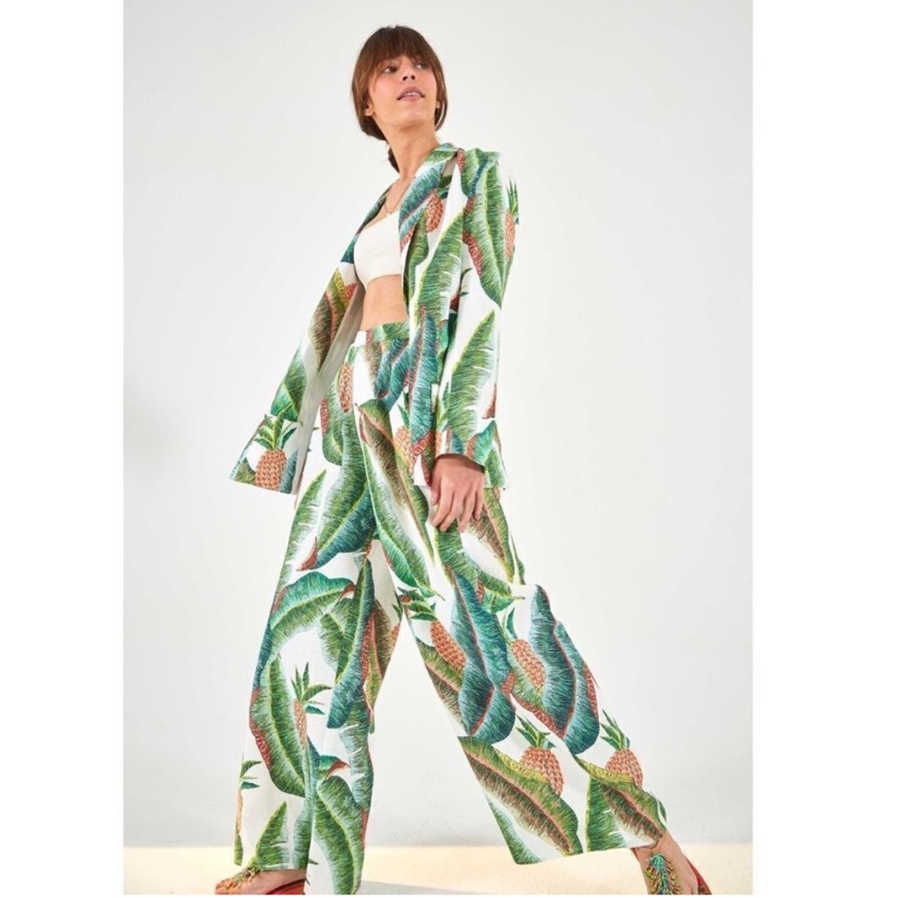 Green and White Wide Leg Jumpsuit with Tropical Print
